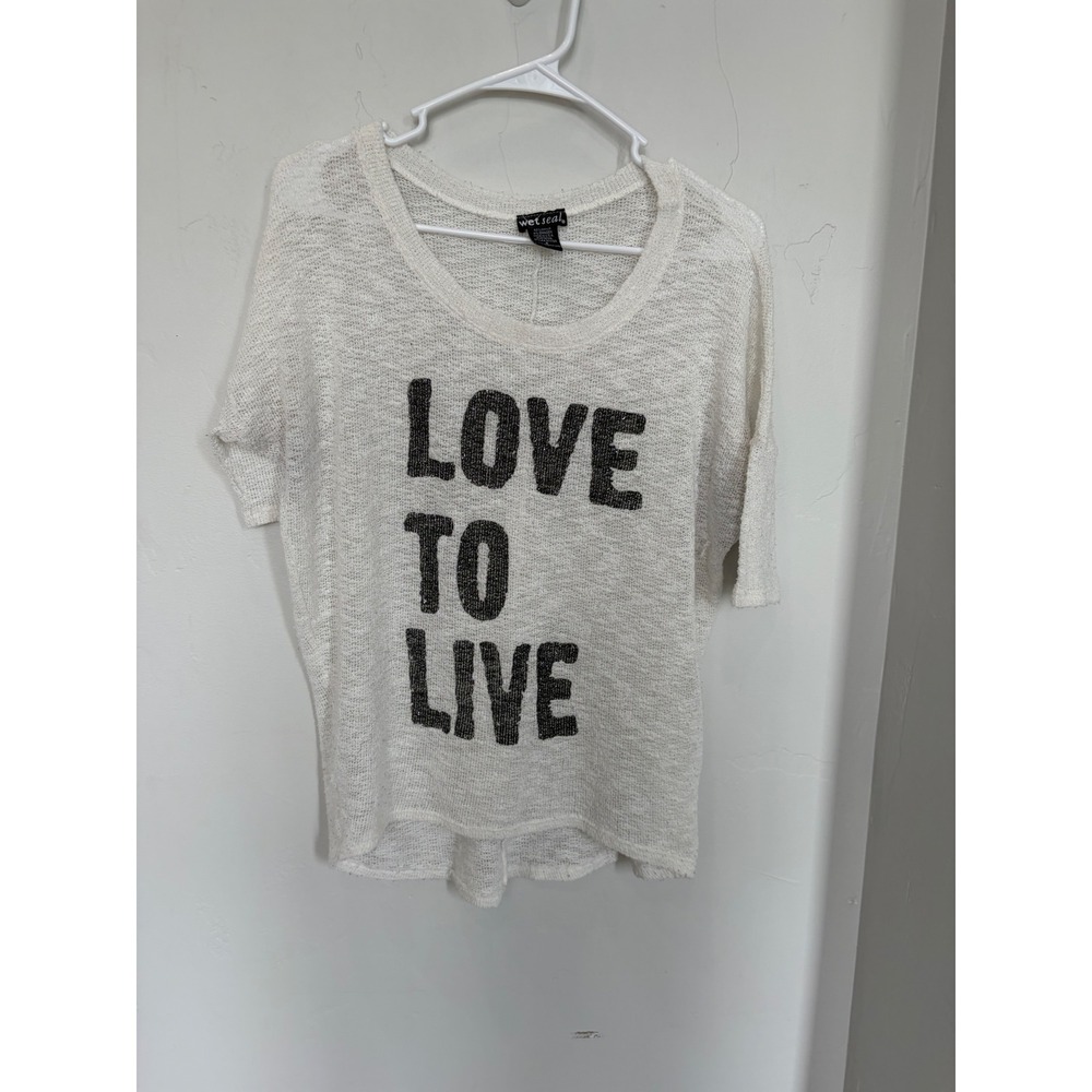 Wet Seal Love To Live Graphic Knit Top Cream Short Sleeve Slouchy Sweater Small